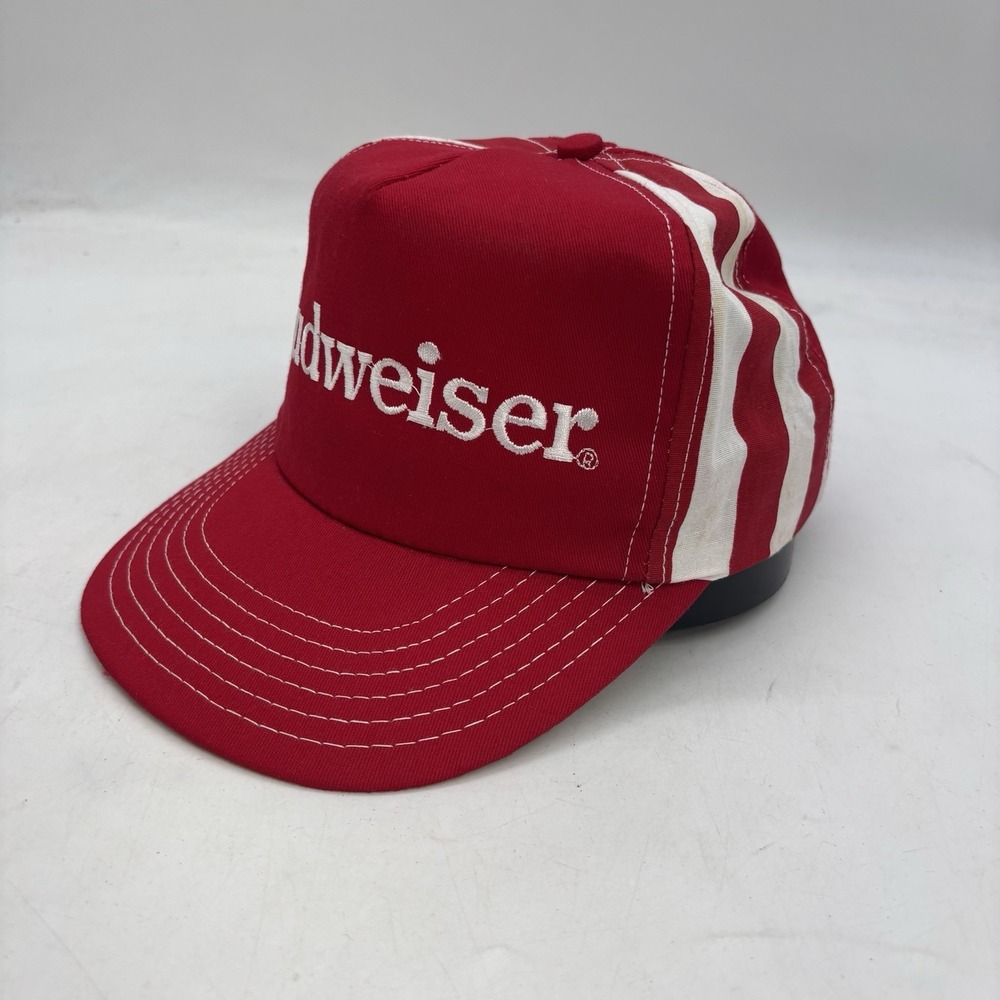 Vintage Budweiser Hat Beer Red And White 3 Stripe Truckers Cap Snapback Mesh